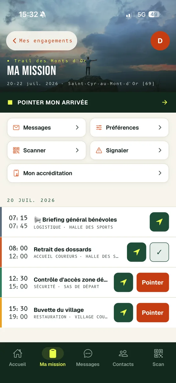 Écran « Ma mission » de l'espace bénévole RunPilot Terrain, avec sa mission du jour, son planning de postes et le bouton de pointage à l'arrivée.