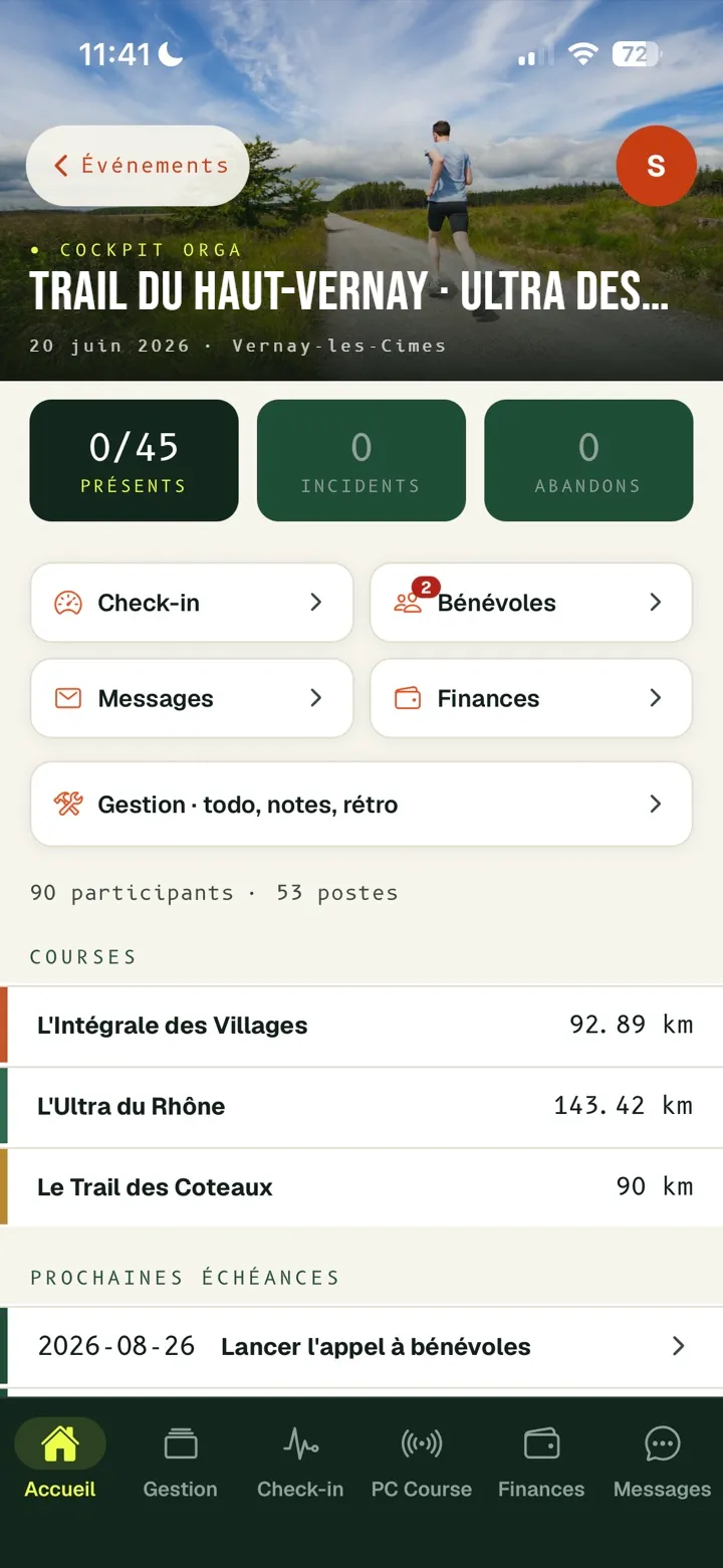 L'espace organisateur de l'application RunPilot